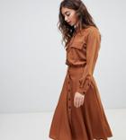 Warehouse Top Pocket Shirt Dress In Rust - Brown