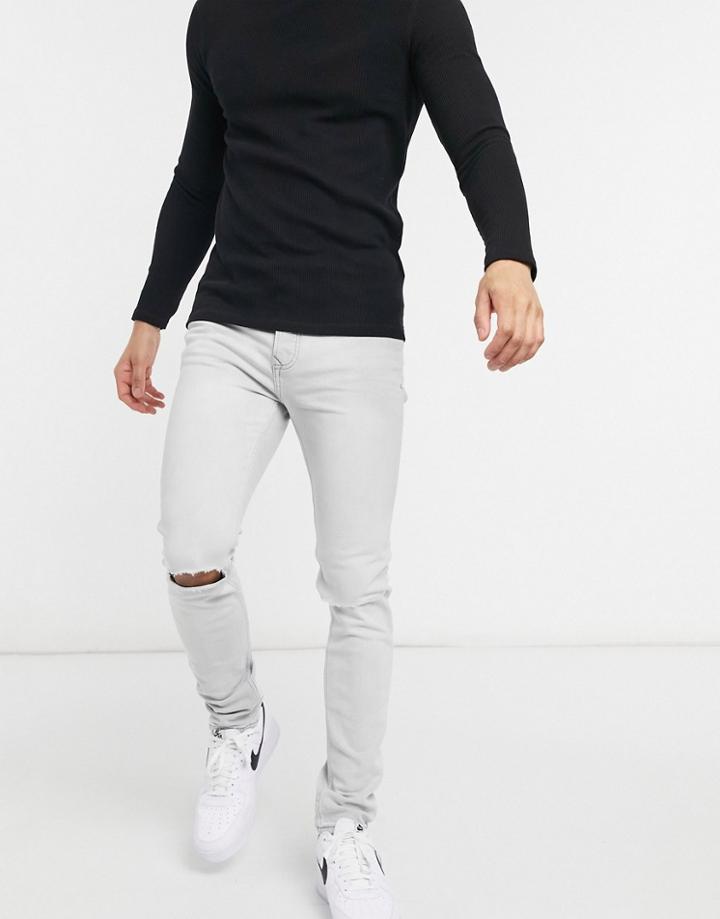 Topman Organic Cotton Blend Stretch Skinny Jeans With Double Knee Rip In Ice Gray-grey