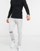 Topman Organic Cotton Blend Stretch Skinny Jeans With Double Knee Rip In Ice Gray-grey