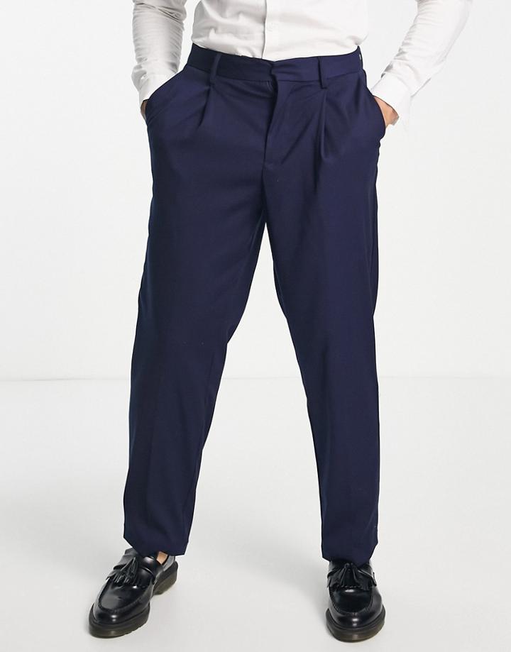 Jack & Jones Intelligence Loose Fit Linen Mix Pants In Navy