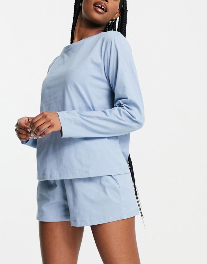 Asos Design Mix & Match Cotton Jersey Pyjama Long Sleeve Tee In Blue - Khaki-green
