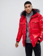 River Island Puffer Jacket With Faux Fur Hood In Red - Red