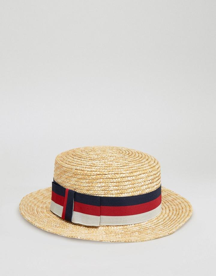 Asos Straw Boater Hat With Stripe Band - Beige