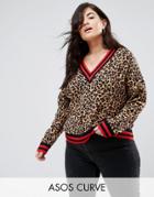 Asos Curve Sweater In Leopard Pattern With Sports Tipping - Multi