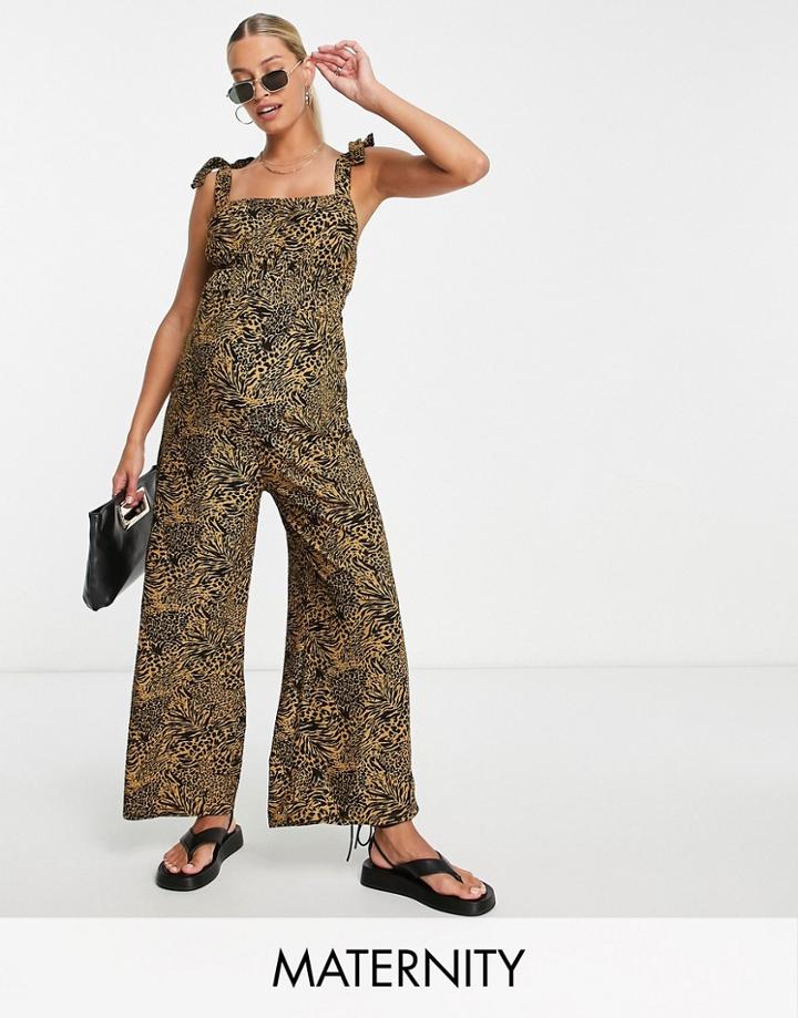 River Island Maternity Shirred Detail Animal Jumpsuit In Brown