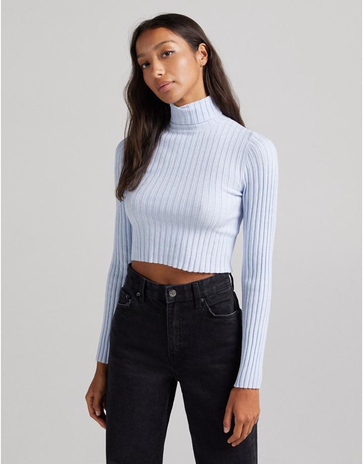 Bershka Knit Ribbed Turtle Neck Sweater In Blue-blues