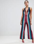 Asos Design Plunge Embellished Jumpsuit In Multi Stripe