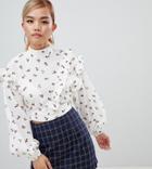 Fashion Union Petite High Neck Long Sleeve Blouse In Ditsy Floral - Pink