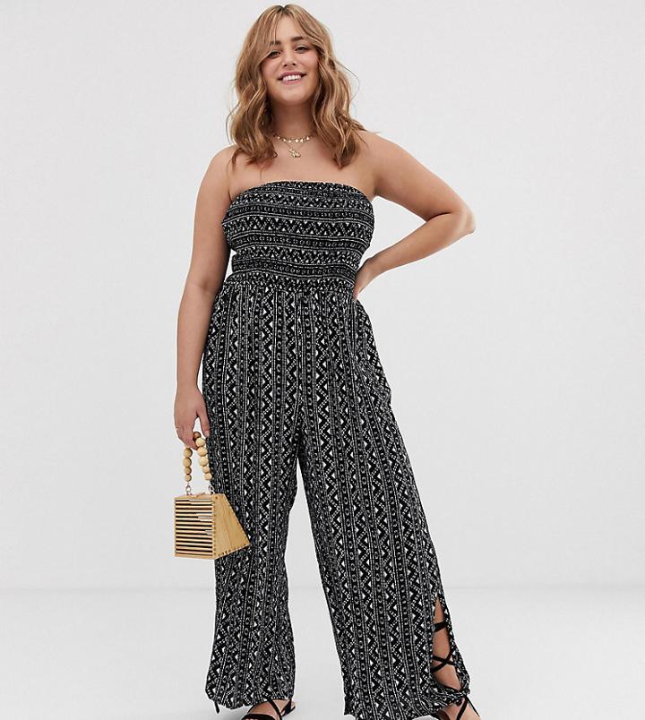 City Chic Strapless Print Jumpsuit In Black Multi