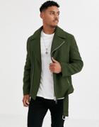 Asos Design Wool Mix Belted Biker Jacket In Khaki-green