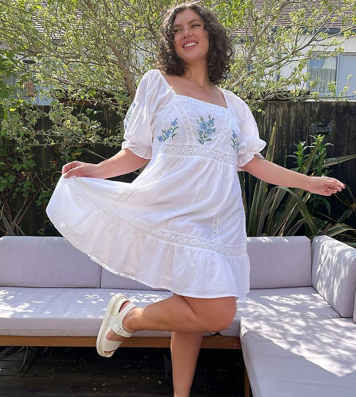 Asos Design Curve Lace Insert Mini Smock Dress With Floral Embroidery In White
