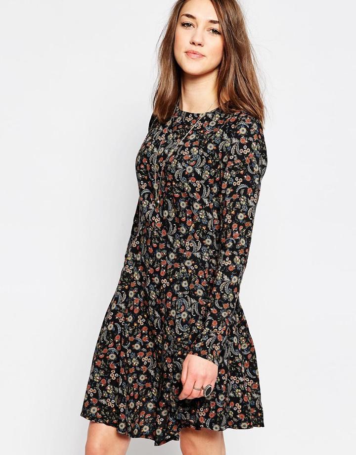Brave Soul Long Sleeve Floral Skater Dress - Black