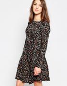 Brave Soul Long Sleeve Floral Skater Dress - Black