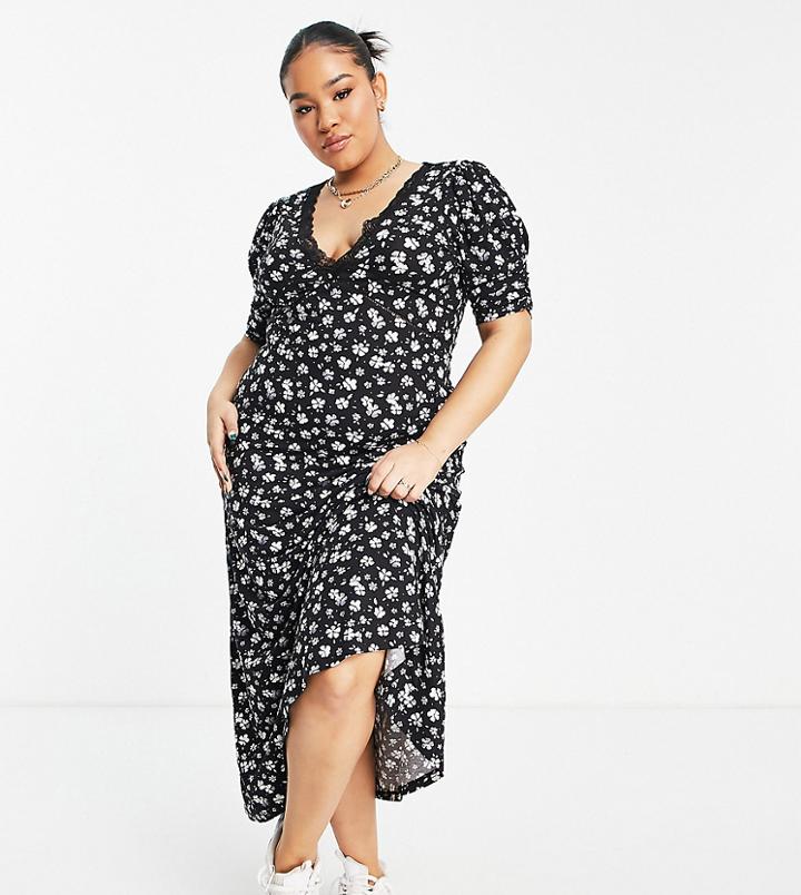 Asos Design Curve Maxi Tea Dress With Lace Detail In Mono Floral Print-multi