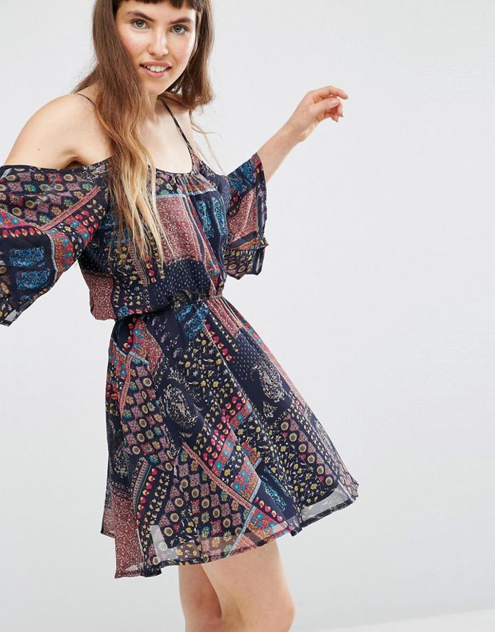 Qed London Patchwork Cold Shoulder Dress - Multi
