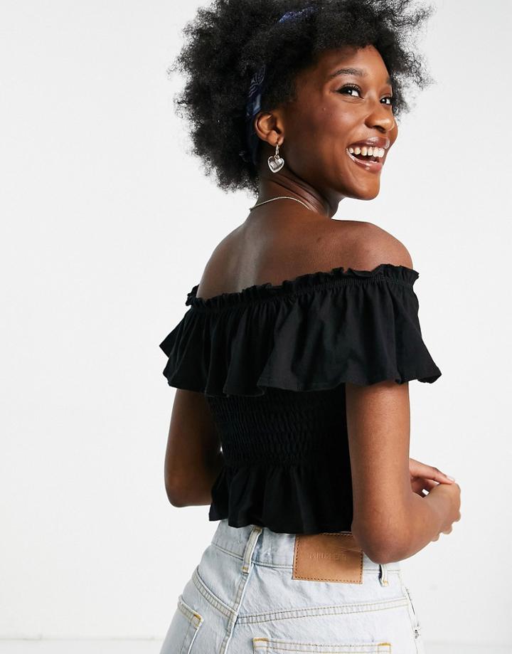 Miss Selfridge Shirred Bardot Top In Black
