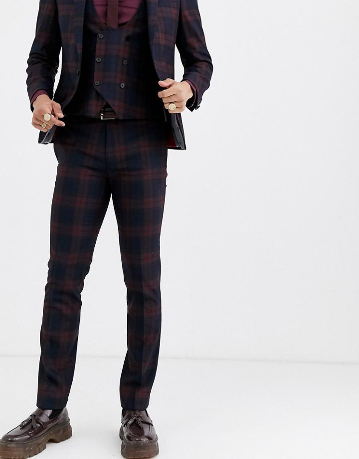 Twisted Tailor Super Skinny Fit Suit Pants In Burgundy Check-red
