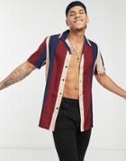 Asos Design Essential Regular Revere Retro Stripe Shirt-navy