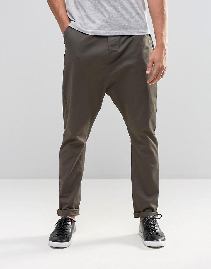 Asos Drop Crotch Chinos In Dark Khaki - Green