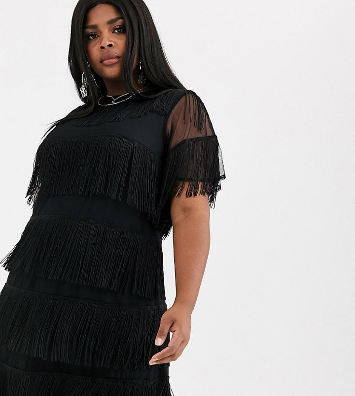 Asos Design Curve Fringe Shift T-shirt Mini Dress-black