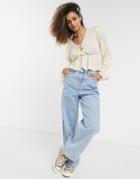 Urabn Bliss Tie Front Ruched Sleeve Blouse In Light Beige-neutral