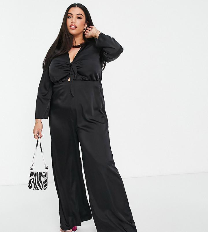 Flounce London Plus Tie Front Jumpsuit In Black Satin