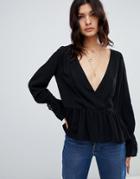 Asos Design Oversized Wrap Blouse With Dip Hem And Long Sleeves-black