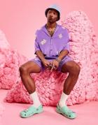 Asos Design Knit Oversized Button Up Polo In Purple Floral - Part Of A Set