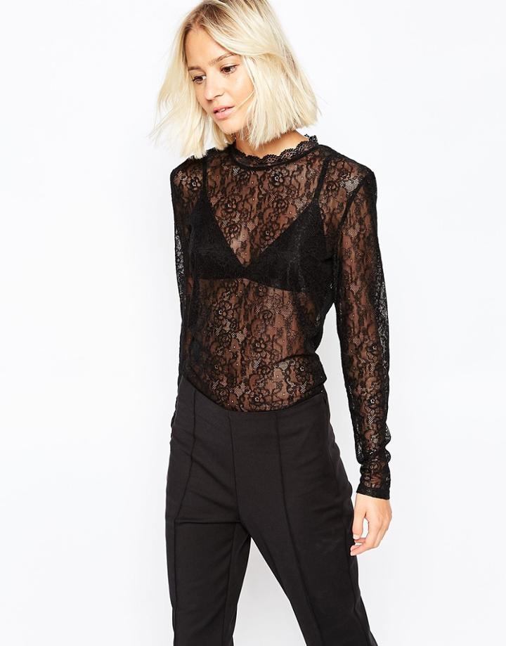 Selected Geisha Lace Longsleeve Top In Black - Black