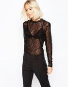 Selected Geisha Lace Longsleeve Top In Black - Black