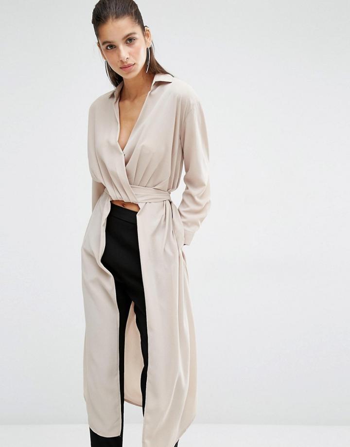 Parallel Lines Wrap Tie Front Maxi Shirt - Beige