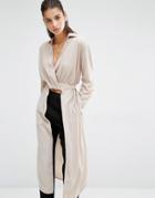Parallel Lines Wrap Tie Front Maxi Shirt - Beige