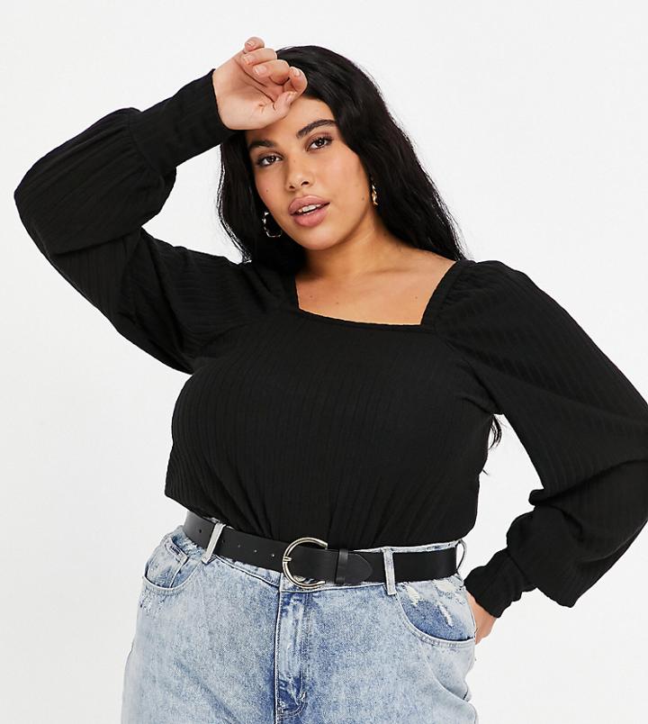 Yours Square Neck Knit Top In Black