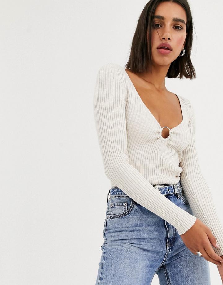 Bershka V Neck Ring Detail Ribbed Sweater In Ecru