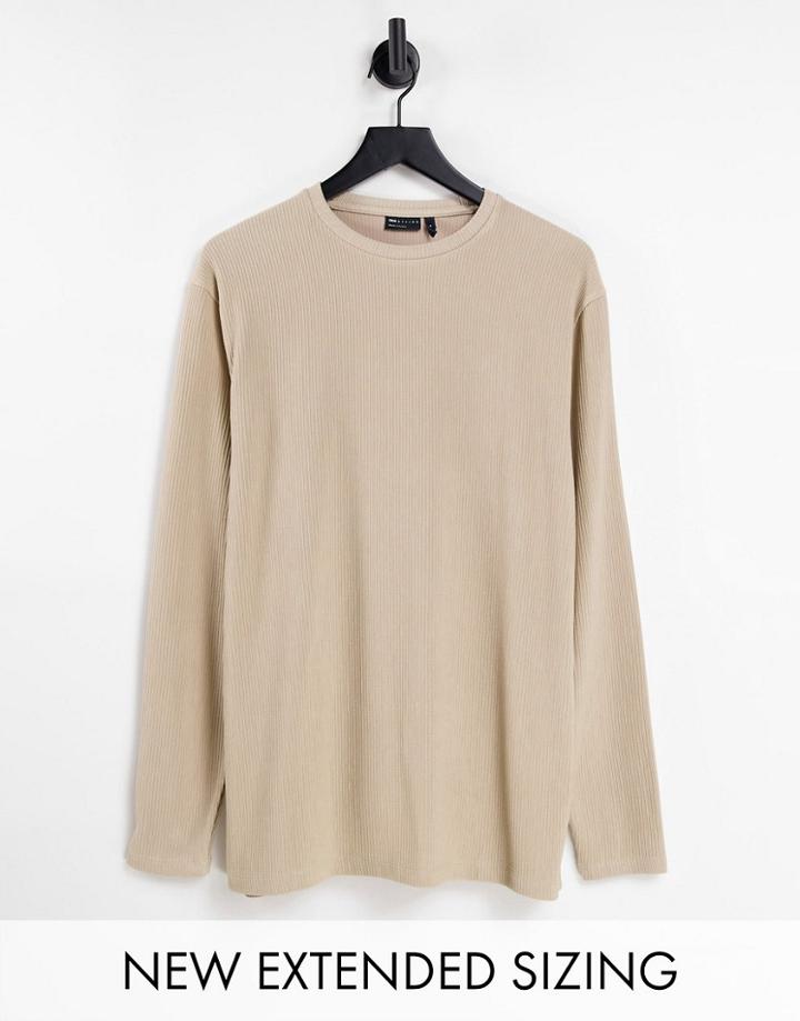Asos Design Oversized Long Sleeve T-shirt In Heavy Rib In Beige-neutral