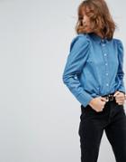 Asos Denim Shirt With Puff Sleeve In Midwash Blue - Blue