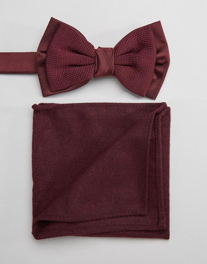 Asos Knitted Bow Tie And Pocket Square Set In Burgundy - Red