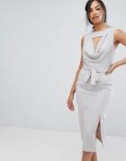 Lavish Alice Sleeveless Cowl Neck Midi Dress With Double Front Split - Gray