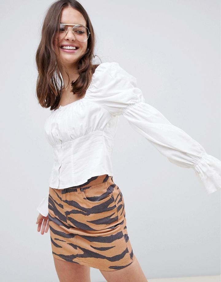 Asos Design Square Neck Long Sleeve Top In Linen With Button Through-multi