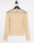 Pieces Fina Long Sleeve Mesh High Neck Jersey Top In Pebble-neutral