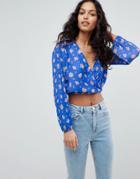 Asos Plisse Cropped Wrap Top In Ditsy Print - Blue