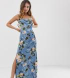 Missguided Petite Satin Cowl Neck Side Split Maxi Dress In Blue Floral - Multi