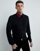 Asos Regular Fit Viscose Shirt With Velvet Collar - Black