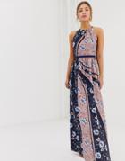 Little Mistress High Neck Floral Scarf Print Maxi Dress In Multi