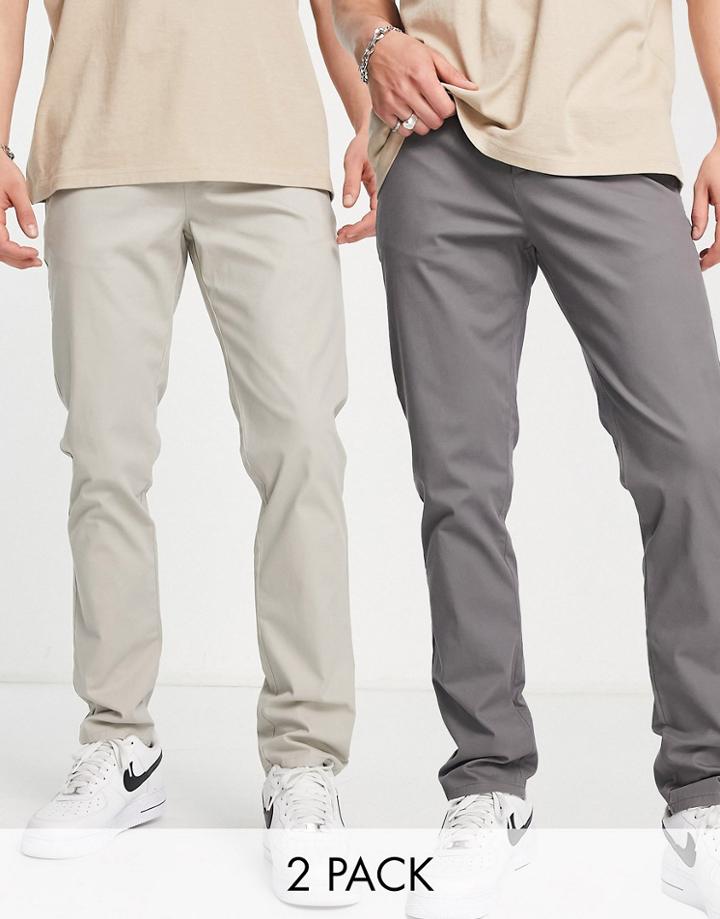 Asos Design 2 Pack Slim Chinos In Dark Stone And Charcoal Save-multi