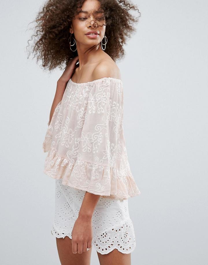 Traffic People Hanky Hem Bardot Top - Beige