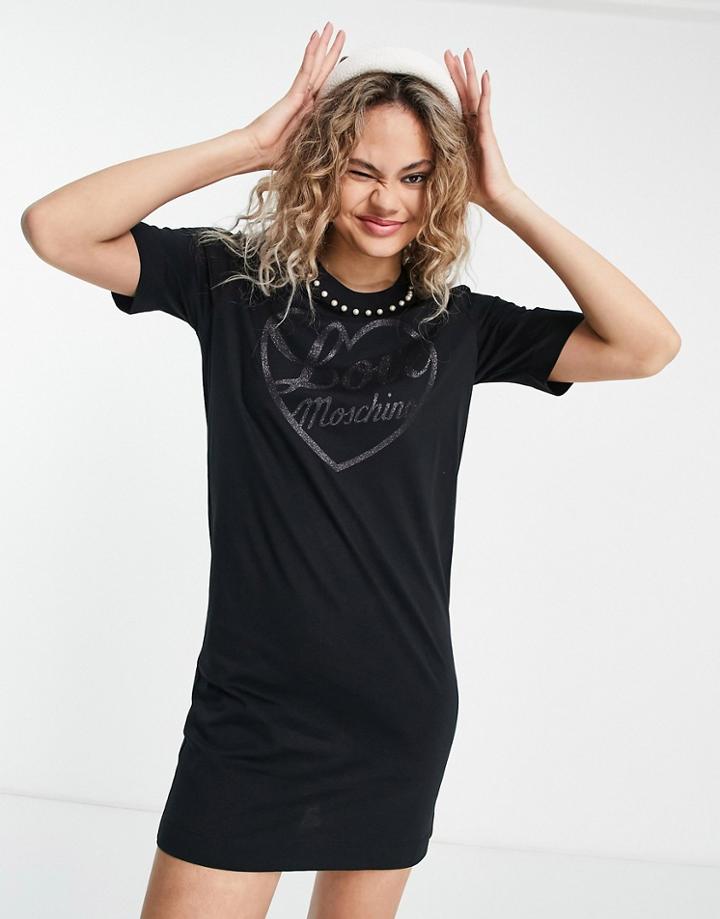 Love Moschino Pearl Trim Logo Front T-shirt In Black
