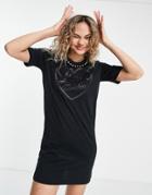 Love Moschino Pearl Trim Logo Front T-shirt In Black