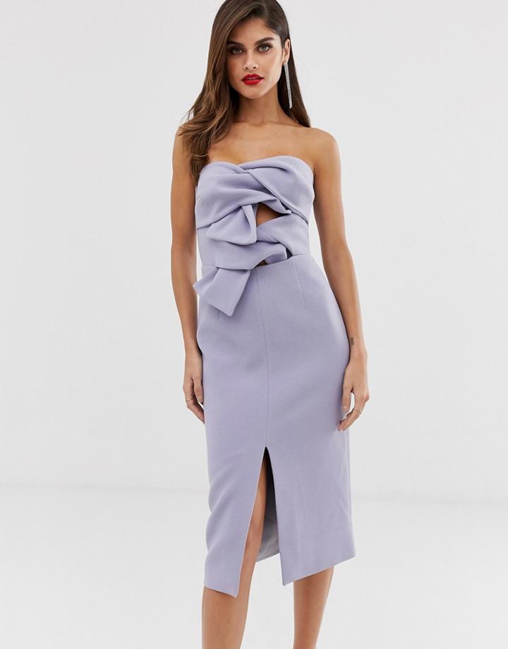 True Decadence Premium Double Bow Front Midi Dress With Keyhole Detail In Soft Lavender - Purple