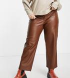 Mango Curve Faux Leather Straight Leg Pants In Brown